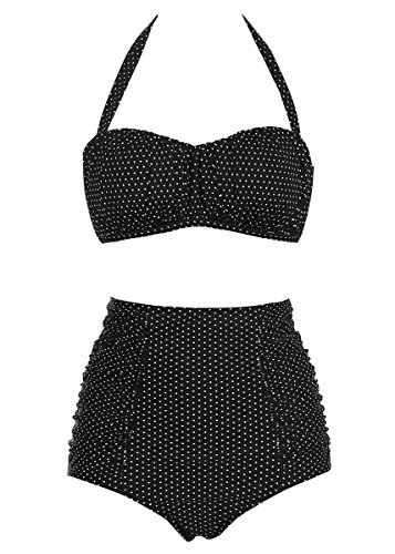 MissTalk Damen Retro Bikini Set Selbst binden Strap tiefe V Neck Anker Dot Print dehnbar hohe Taille Badeanzug (L, Schwarz-Dot)