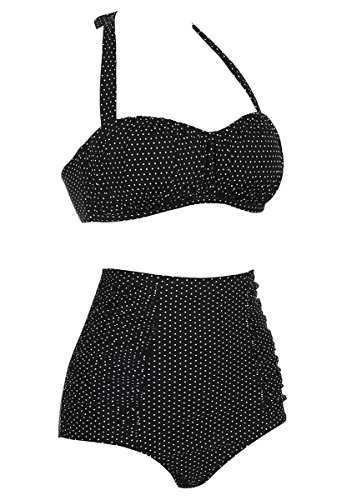 MissTalk Damen Retro Bikini Set Selbst binden Strap tiefe V Neck Anker Dot Print dehnbar hohe Taille Badeanzug (L, Schwarz-Dot) - 