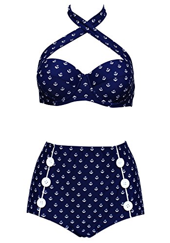 Damen Retro Badeanzug Bademode Bikini, blau-Anker, XXL