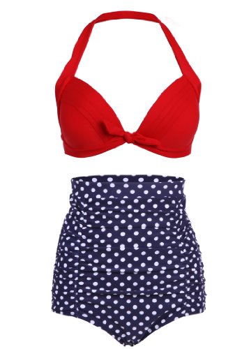 Dunkelblauer Polka Dot Pünktchen Retro PinUp Vintage Bikini mit hoher Taille und rotem Oberteil, Mehrfarbig, Large