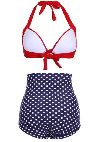 Dunkelblauer Polka Dot Pünktchen Retro PinUp Vintage Bikini mit hoher Taille und rotem Oberteil, Mehrfarbig, Large -