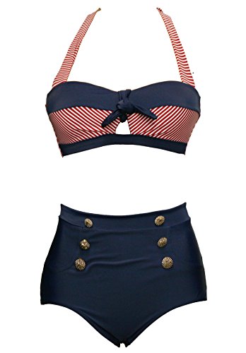 BSLINGERIE® Sexy Damen Retro Bademode Übergröße Halfter Bikini Set (XXL, Rot gestreiften Keyhole)