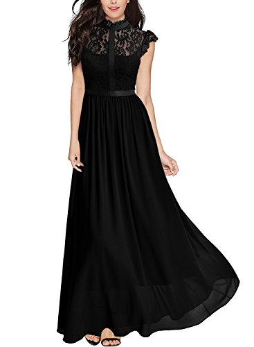 Miusol Damen Elegant Spitzen Abendkleid Brautjungfer Cocktailkleid Chiffon Faltenrock Langes Kleid Schwarz Gr.M