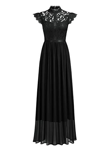 Miusol Damen Elegant Spitzen Abendkleid Brautjungfer Cocktailkleid Chiffon Faltenrock Langes Kleid Schwarz Gr.M - 4