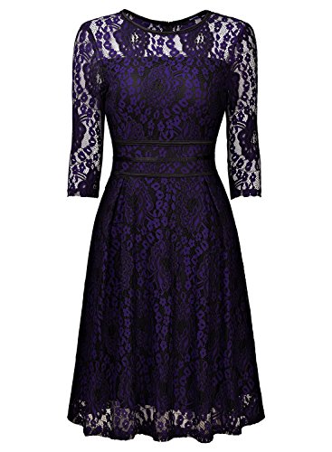 Miusol Damen Elegant Spitzen Abendkleid 3/4 Arm Knielang Hochzeit Brautjungfer Ballkleider Lila Gr.M - 