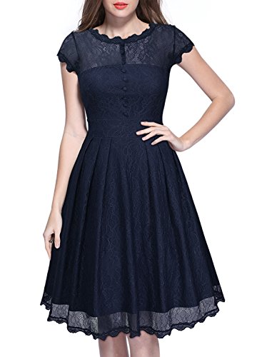 Miusol Damen Elegant Spitzenkleid Cocktailkleid Knielanges Vintage 50er Jahr Abendkleid Dunkelblau Gr.M