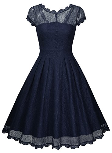 Miusol Damen Elegant Spitzenkleid Cocktailkleid Knielanges Vintage 50er Jahr Abendkleid Dunkelblau Gr.M - 2