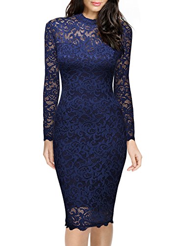 Miusol Damen Spitzen Cocktailkleid Elegant Abendkleid Brautjungfer Ballkleid Rundhals Langarm Stretch Kleider Dunkleblau Gr.XL