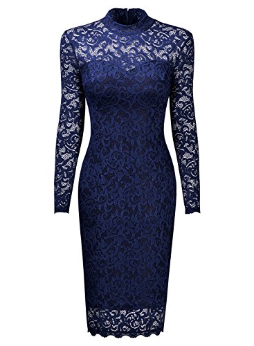 Miusol Damen Spitzen Cocktailkleid Elegant Abendkleid Brautjungfer Ballkleid Rundhals Langarm Stretch Kleider Dunkleblau Gr.XL - 4