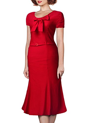 Miusol Damen Kurzarm Vintage Business Schleife Cocktailkleid Fishtail 1950er Jahre Kleid Rot Groesse 46/XXL