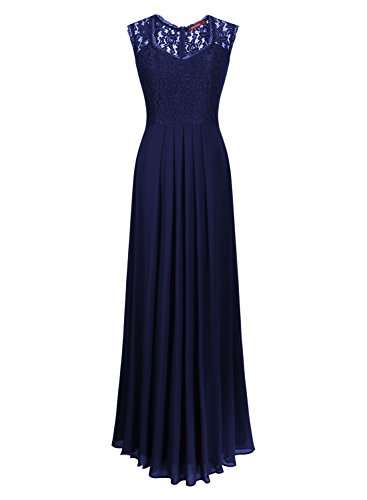 Miusol Damen Aermellos V-Ausschnitt Spitzenkleid Brautjungfer Cocktailkleid Chiffon Faltenrock Langes Kleid Dunkelblau Groesse 44/46/XL - 4