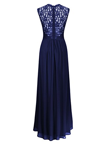 Miusol Damen Aermellos V-Ausschnitt Spitzenkleid Brautjungfer Cocktailkleid Chiffon Faltenrock Langes Kleid Dunkelblau Groesse 44/46/XL - 5