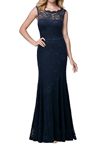 Miusol Damen Kleid Elegant Spitzen Sommer Rueckenfrei Aemerlos Langes Fishtail?Brautjungfer Cocktailkleid Dunkelblau Gr.L