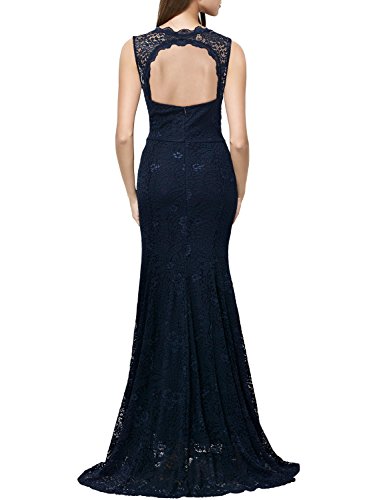 Miusol Damen Kleid Elegant Spitzen Sommer Rueckenfrei Aemerlos Langes Fishtail?Brautjungfer Cocktailkleid Dunkelblau Gr.L - 3