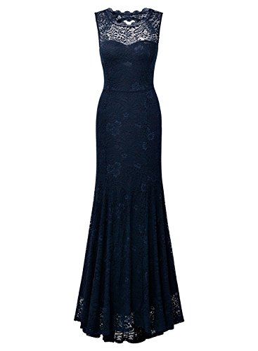 Miusol Damen Kleid Elegant Spitzen Sommer Rueckenfrei Aemerlos Langes Fishtail?Brautjungfer Cocktailkleid Dunkelblau Gr.L - 7