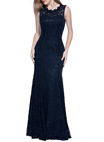 Miusol Damen Kleid Elegant Spitzen Sommer Rueckenfrei Aemerlos Langes Fishtail?Brautjungfer Cocktailkleid Dunkelblau Gr.L - 5