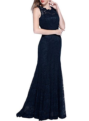 Miusol Damen Kleid Elegant Spitzen Sommer Rueckenfrei Aemerlos Langes Fishtail?Brautjungfer Cocktailkleid Dunkelblau Gr.L - 5