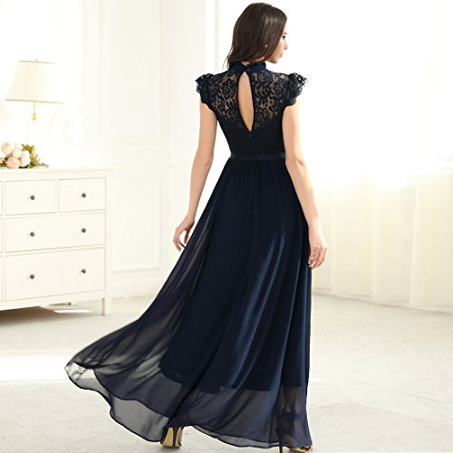 Miusol Spitzen Abendkleid Brautjungfer Cocktailkleid Chiffon Faltenrock Langes Kleid Dunkelblau Gr.L - 5