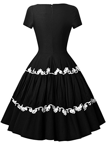 Miusol 50er Retro Rockabilly Kleid Audrey Hepburn Schwingen Bestickt Cocktailkleid Abendkleid Schwarz Gr.S - 2