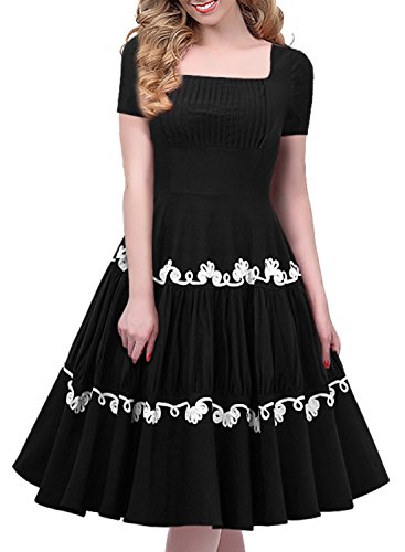 Miusol 50er Retro Rockabilly Kleid Audrey Hepburn Schwingen Bestickt Cocktailkleid Abendkleid Schwarz Gr.S - 3