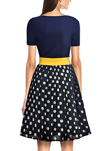 MIUSOL Damen Sommerkleid Kurzarm Chiffon Retro Polka Dots Faltenrock A Linie Mini Kleid Dunkelblau Gr.L - 