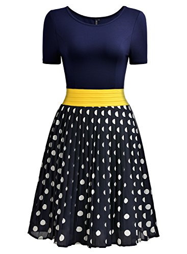 MIUSOL Damen Sommerkleid Kurzarm Chiffon Retro Polka Dots Faltenrock A Linie Mini Kleid Dunkelblau Gr.L - 