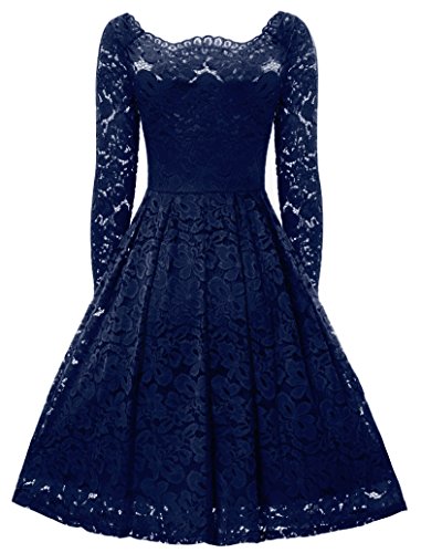 Gigileer 50er Spitzenkleid Schulterfrei Langarm knielang festlich Cocktail Abendkleid Navy M - 2