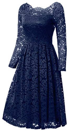 Gigileer 50er Spitzenkleid Schulterfrei Langarm knielang festlich Cocktail Abendkleid Navy M - 3