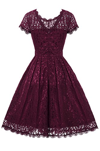 Gigileer Elegant Damen Kleider Spitzenkleid Cocktailkleid Knielanges Vintage 50er Jahr hochzeit Party weinrot L - 2
