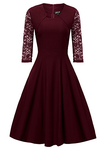 Gigileer Damen Kleider 3/4 Arm mit Spitzen Knielang Abendkleid Minikleid festlich Cocktail Party Burgundy M