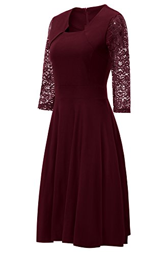 Gigileer Damen Kleider 3/4 Arm mit Spitzen Knielang Abendkleid Minikleid festlich Cocktail Party Burgundy M - 3