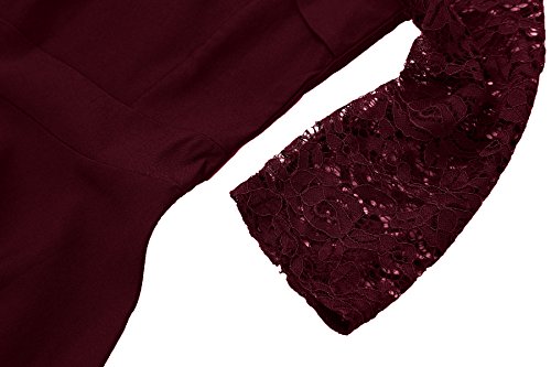 Gigileer Damen Kleider 3/4 Arm mit Spitzen Knielang Abendkleid Minikleid festlich Cocktail Party Burgundy M - 5
