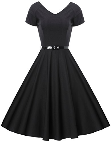 Gigileer Damen Vintage V-Ausschnitt Schwingen Rockabilly Ballkleid Kleider Cocktailkleid Schwarz XL