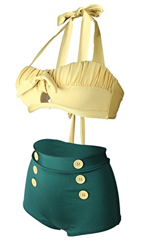 Gigileer Damen Retro Badeanzug Bademode Bikini Set hohe Teillen gelb & gruen XL - 