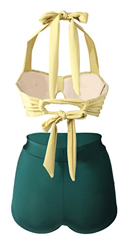 Gigileer Damen Retro Badeanzug Bademode Bikini Set hohe Teillen gelb & gruen XL - 