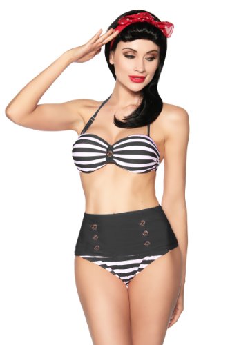 jowiha Vintage Retro 50's Bandeau Bikini Schwarz Weiß oder Blau Rot Weiß Cup B Größe S-XL (Schwarz Weiß, XL)