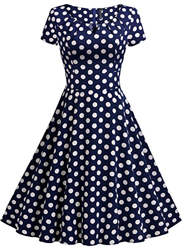 MIUSOL Damen Vintage 50er Kleid Polka Dots Ballkleid Rockabilly Cocktail Abendkleid Blau Gr.S -