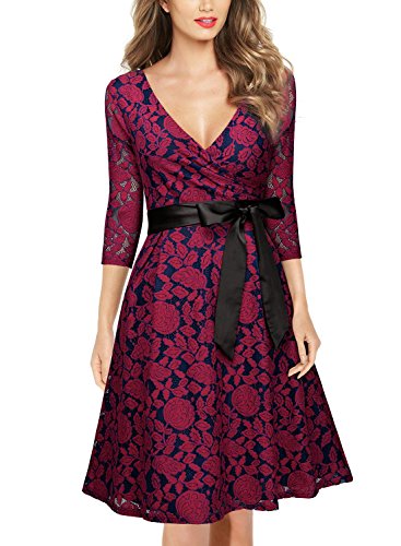 MIUSOL Damen V-Ausschnitt Abendkleid Elegant Spitze Cocktailkleid 3/4 Arm Bogen Gürtel Hochzeit Brautjungfer Kleid Rot Gr.M -