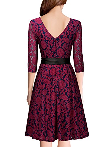 MIUSOL Damen V-Ausschnitt Abendkleid Elegant Spitze Cocktailkleid 3/4 Arm Bogen Gürtel Hochzeit Brautjungfer Kleid Rot Gr.M -