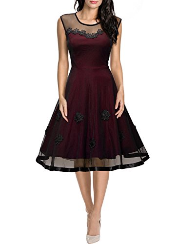 MIUSOL Abendkleid Mesh Brautkleid Retro Cocktailkleid Rockabilly Party 50er Jahr Kleid Weinrot