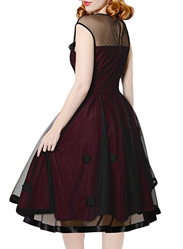 MIUSOL Abendkleid Mesh Brautkleid Retro Cocktailkleid Rockabilly Party 50er Jahr Kleid Weinrot - 5