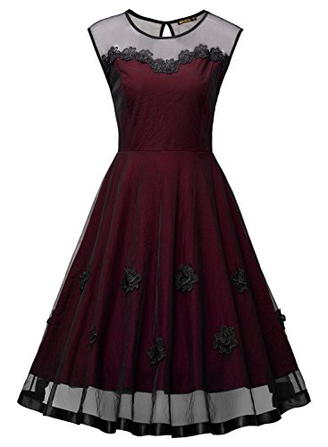 MIUSOL Abendkleid Mesh Brautkleid Retro Cocktailkleid Rockabilly Party 50er Jahr Kleid Weinrot - 6