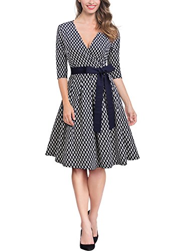50er Jahre Retro Kleid Rockabilly V-Ausschnitt Cocktailkleid Partykleid Navy Blau - 2