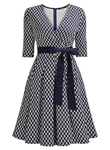 50er Jahre Retro Kleid Rockabilly V-Ausschnitt Cocktailkleid Partykleid Navy Blau - 4