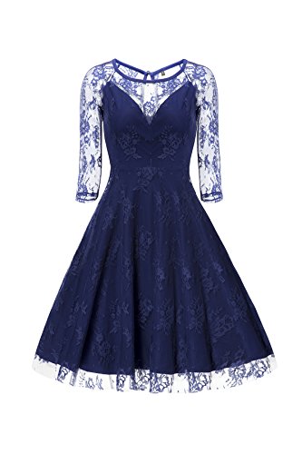 Gigileer Sexy Vintage Damen Floral Spitze 3/4 Arm Swing Kleid Knielang festlich Party Blau S