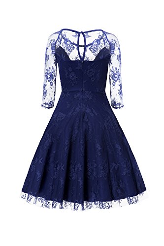 Gigileer Sexy Vintage Damen Floral Spitze 3/4 Arm Swing Kleid Knielang festlich Party Blau S - 2