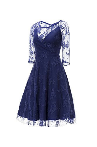 Gigileer Sexy Vintage Damen Floral Spitze 3/4 Arm Swing Kleid Knielang festlich Party Blau S - 3