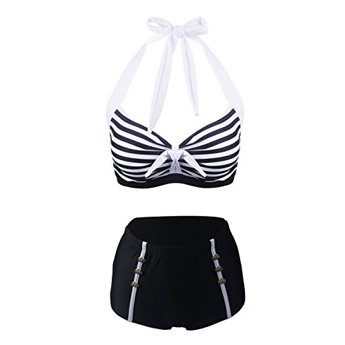 Gigileer Vintage 50er Damen Badeanzug Bademode Bikini Set - Hohe Taillen -Neckholder - bauchweg schwarze Streifen XL