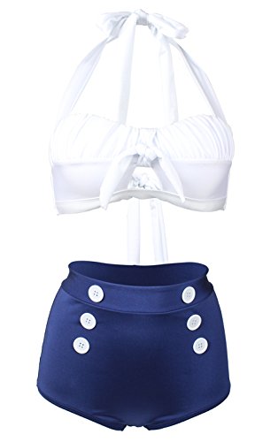 Gigileer Damen Retro Badeanzug Bademode Bikini Set hohe Teillen weiss & blau XXL