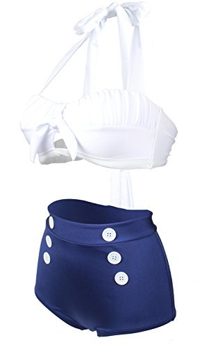 Gigileer Damen Retro Badeanzug Bademode Bikini Set hohe Teillen weiss & blau XXL - 